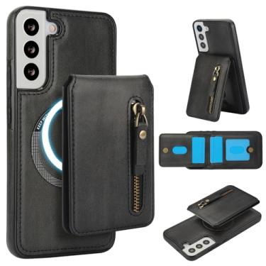 Imagem de Carteira destacável compatível com carregamento sem fio Magsafe para Samsung Galaxy S21 FE capa com suporte para cartão, bolso com zíper, suporte 2 em 1 capa à prova de choque (preto)