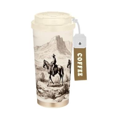 Imagem de SEHANY Caneca de viagem vintage caubói ocidental 482 g xícaras de café reutilizáveis revestidas de cerâmica com tampa à prova de vazamento, parede dupla, isolamento a vácuo, copo de café de aço