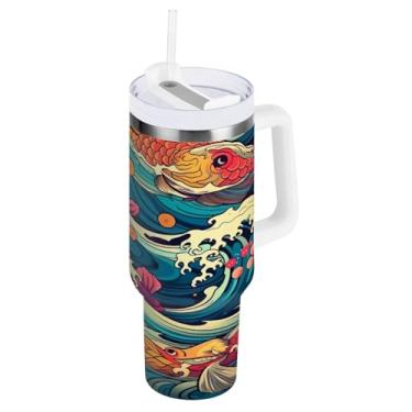 Imagem de Blueangle Copo isolado de 850 g com alça e tampa de canudo - Caneca de viagem de aço inoxidável à prova de vazamento, garrafa de água colorida a vácuo de parede dupla com ondas de peixe (840)
