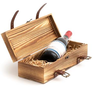 Imagem de Briwooody 1 caixa de presente vintage de madeira para vinho – caixas rústicas de vinho marrom para presentes, suporte de garrafa única com tiras de fivela de couro e trava para presente de Natal