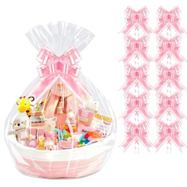 Imagem de PigPotParty Pacote com 10 sacos de celofane com 10 laços, embalagem grande de celofane de 61 cm x 76 cm para cestas de presente, sacos de presente de plástico transparente resistente a rasgos para chá