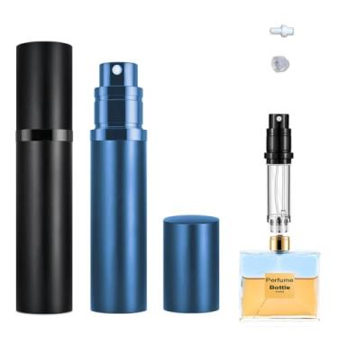 Imagem de YiLianSM 2 peças de perfume atomizador de viagem de 5 ml, recarregável, frasco de perfumes de enchimento inferior, atomizador de bolso para viagem (preto e azul escuro)