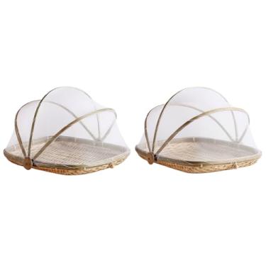 Imagem de GOVNPJ Barraca de servir de bambu, pacote com 2 capas de comida de bambu com rede de malha, capas de alimentos dobráveis de 33 x 28 cm para piquenique ao ar livre e festa de churrasco