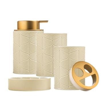 Imagem de Dispensador de sabão Conjunto criativo de cerâmica para banheiro com quatro peças, incluindo dispensador de sabonete, copo para enxaguatório bucal e saboneteira(Beige)