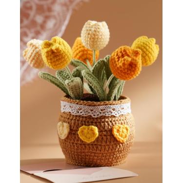 Imagem de Planta em vaso de tulipas de crochê - flores artificiais tricotadas de algodão feitas à mão, doce presente artesanal para aniversário, formatura, decoração de casa, 6 tulipas com folhas dobráveis