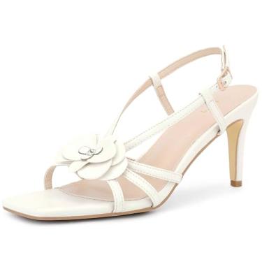Imagem de Perphy Sandália feminina com bico quadrado com tiras e salto agulha floral, Branco, 38