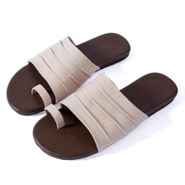 Imagem de N.N.G Sandálias femininas de dedo do pé - corrediças pretas com tiras planas com palmilha marrom confortável para praia/resort, Creme, 37