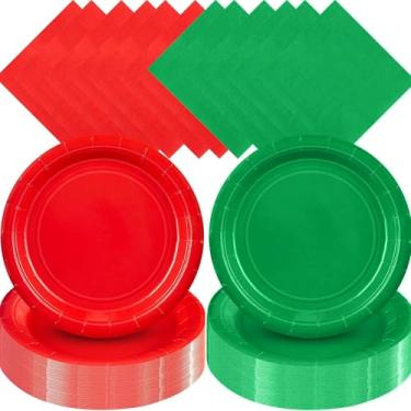 Imagem de Zhehao 120 peças de pratos de papel descartáveis e guardanapos decorações de festa de aniversário de 18 cm pratos descartáveis para chá de bebê suprimentos de festa de casamento (vermelho, verde)
