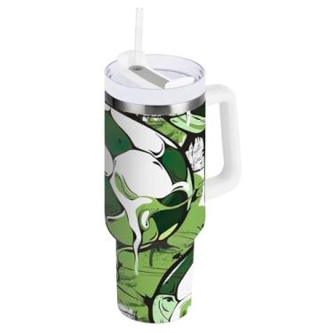 Imagem de STAYTOP Copo de futebol colorido de 850 g com tampa e canudo, à prova de vazamento, copo isolado de aço inoxidável durável com alça, garrafas de água à prova de derramamento para viagens