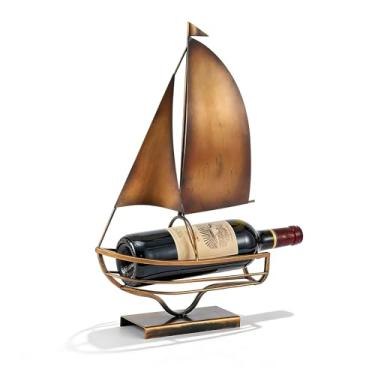 Imagem de FJSPERM Veleiro de metal para bancada – Suporte decorativo de garrafa de vinho para mesa de jantar, escultura de barco, suporte de vinho, decoração náutica de casa (latão)