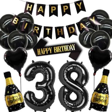 Imagem de Conjunto de decorações de aniversário de 38 anos para mulheres e homens, balão de decoração de aniversário de 38 anos em ouro preto, suprimentos para festa de 38 anos, incluindo faixa, alça de ombro e