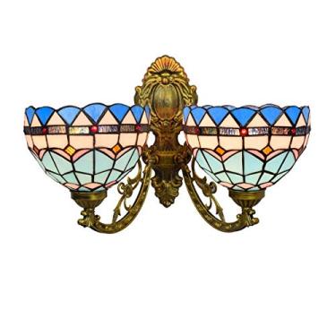 Imagem de Luminária de parede estilo Tiffany azul mediterrâneo com 2 braços, vitral vintage com iluminação para cima e para baixo, ideal para quarto, sala de estar, corredor e varanda, 20 cm