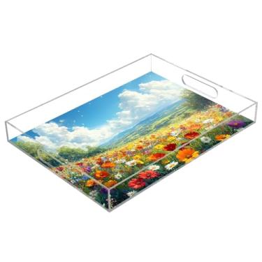 Imagem de STAYTOP Linda bandeja de acrílico azul céu e flores silvestres 15,7 × 11,20 cm, bandejas decorativas à prova de derramamento, organizador de bancada para café da manhã, chá, comida, maquiagem