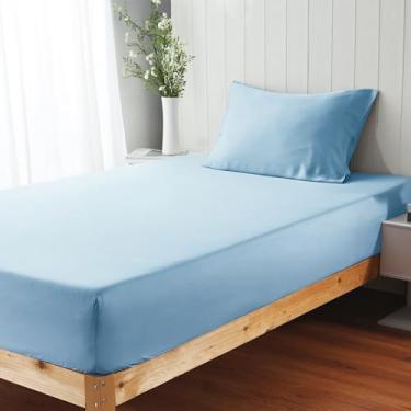 Imagem de Lençol de elástico 100% viscose derivado de bambu com bolso profundo de 40,6 cm, roupa de cama sedosa de luxo, ultramacio, refrescante para quem dorme quente (solteiro azul)
