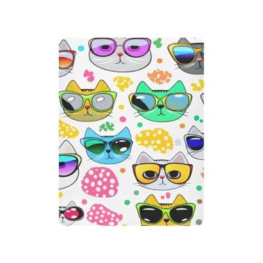 Imagem de Burbuja Lençol de berço para meninas e meninos, lençol com desenho animado de rosto de gato usando óculos de sol macio e respirável para berço padrão e colchões, 68,5 x 99 cm