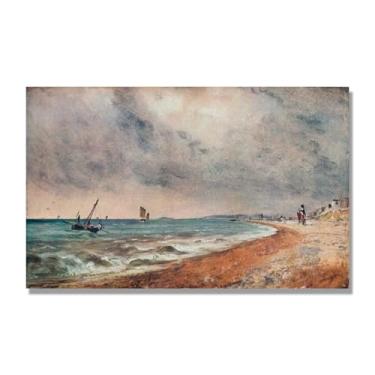 Imagem de NHLDZYH Impressão em tela estilo John Constable, (praias com barcos de pesca), painel de tela de paisagem romântica, decoração de parede com tema de natureza para quarto ou escritório. 80 x 130 cm