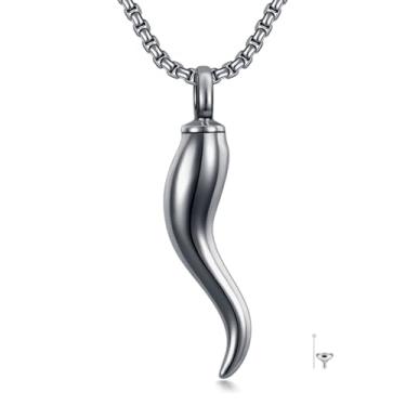 Imagem de Swordgod Colar de chifre italiano/urna de mão para cinzas prata esterlina 925 Cornicello pingente de cremação com corrente de aço inoxidável joia memorial para homens e mulheres.., 22+2, Prata
