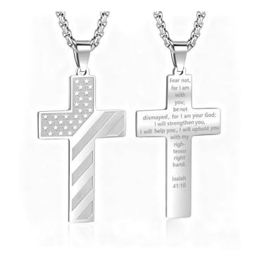 Imagem de AMAZINGSUN Colar de cruz com bandeira americana para homens, corrente de pingente de aço inoxidável com versículo da Bíblia, corrente de pingente de batismo, primeira comunhão, presentes, Large, Aço
