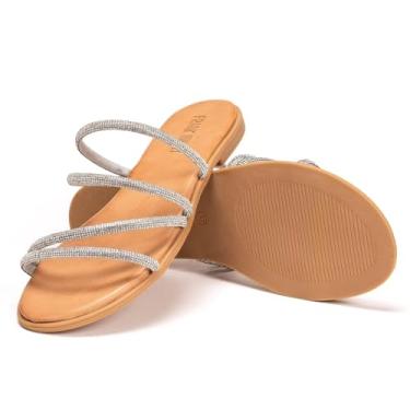 Imagem de Sandália feminina de dedo aberto com tiras de strass, sem cadarço, confortável, casual, elegante, sapatilha para o verão, Prata, 36