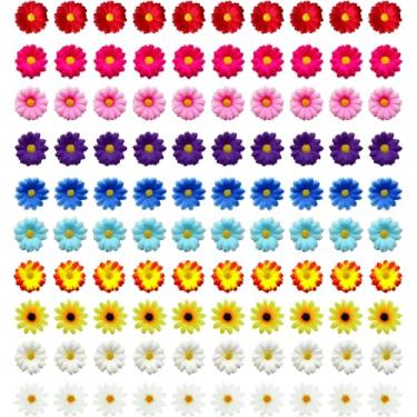 Imagem de Bairdish 100 peças de mini flores falsas de seda pequenas margaridas falsas a granel para artesanato, tecido 3D, flores de feltro, cabeças de girassol artificiais soltas para bricolage, roupas de