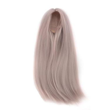 Imagem de Aramox Peruca de Boneca, Longa, Reta, Macia, Seda de Alta Temperatura, Estilo DIY, Design de Divisão Central Com Modelador de Cabelo para Boneca de Junta Esférica de 18,5 a 21 Cm (Rosa Cinza Claro)