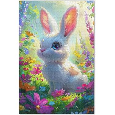Imagem de Quebra-cabeça coelho coelho flores campo 500 peças adultos elefante branco quebra-cabeça rígido flor animal