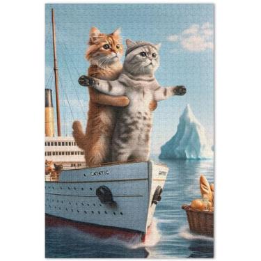 Imagem de Quebra-cabeça de gatos engraçados personalizados Titanic Kitten para adultos, 500 peças, pintura de belas artes, quebra-cabeças legais para adultos, família, presentes, 51 x 35 cm