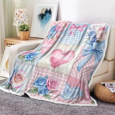 Imagem de Cobertor rosa de Dia dos Namorados para meninas, mãe e esposa - rosa, coração, azul, xadrez, flores florais, patchwork, cobertor de flanela macio e aconchegante para casal, cama, sofá, cadeira