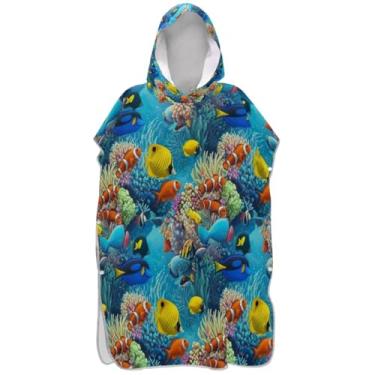 Imagem de Joisal Poncho de surfe para mudança de roupão adulto toalha de banho com capuz bonito absorvente vibrante peixe tropical azul-petróleo unissex poncho adulto com capuz
