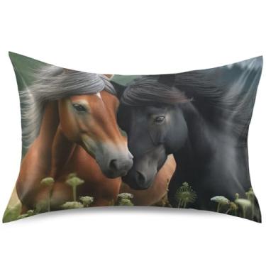 Imagem de Capas de almofada de cetim com estampa de animal de cavalo padrão King Queen Capa de travesseiro com estampa gráfica de resfriamento, tamanho padrão, 66 cm x 50 cm