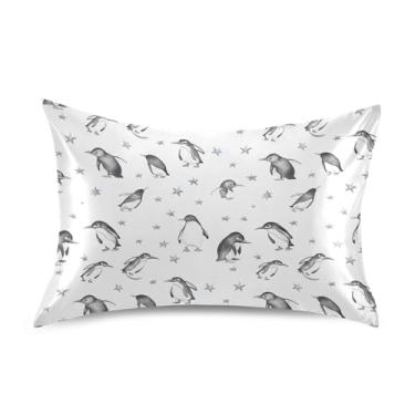Imagem de Fronhas de almofada de cetim com desenho animado de estrelas pinguim preto branco engraçado resfriamento padrão king queen capas de travesseiro macio tamanho padrão 66 cm x 50 cm