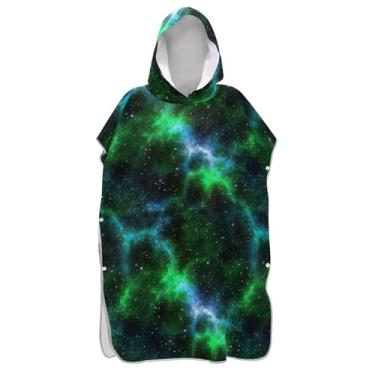Imagem de Roupão de mudança verde nebulosa cósmica legal para adultos, poncho de surfe, plus size, feminino, com capuz, toalha de natação fofa