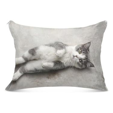 Imagem de Capas de travesseiro de flanela branca de gato de desenho fofo decorativo tamanho queen king size fronhas de travesseiro de corpo de cama, tamanho padrão, 50,8 cm x 66 cm