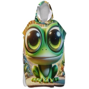 Imagem de Joisal Roupão de secagem rápida para adultos poncho de surfe praia banho com capuz bonito desenho animado sapo verde ponchos adultos para mulheres