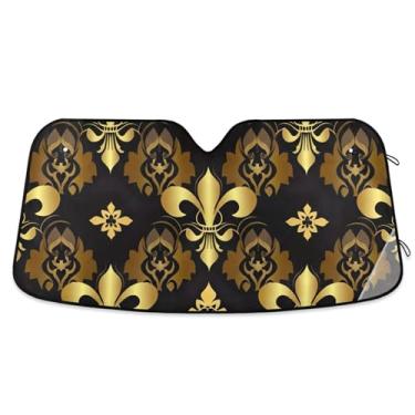 Imagem de Persiana de sol preta personalizada elegante flor de lis dourada para para-brisas de carro bonito dobrável universal óculos de sol para janelas frontais floral automotivo S, 134,6 cm x 59,7 cm