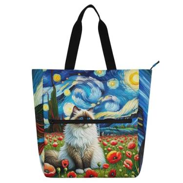 Imagem de GAIGEO Ragdoll Bolsa de trabalho feminina noite estrelada gato papoula sacola de lona praia livro bolsa zíper bolsas professores amantes de livros