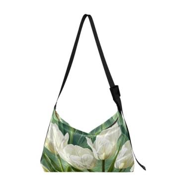 Imagem de GAIGEO Bolsa tiracolo colorida e abstrata de couro escuro, bolsa tiracolo ajustável, bolsa de ombro de couro feminina, Tulipas brancas em verde - 10, One Size