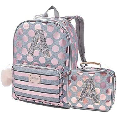 Imagem de Mochila e Lancheira Justice bolas e listras rosé letra M