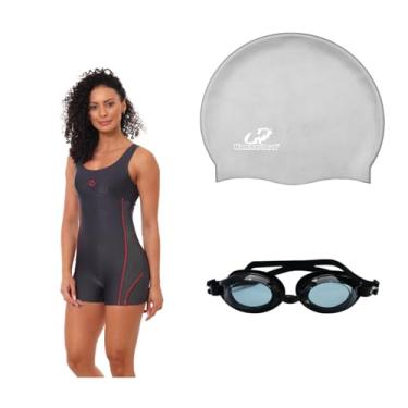 Imagem de Kit Natação Macaquinho Óculus Proteção UV e Touca Silicone Grande (Grafite/Pitanga - Óculos Preto, P)