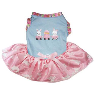 Imagem de Petitebella Vestido para cachorro com cauda de ovo coelhinho (azul/rosa com bolinhas de coelho, pequeno)