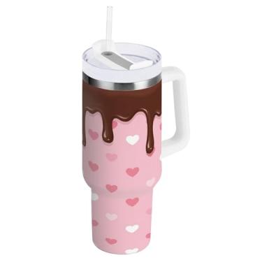 Imagem de Blueangle Copo com isolamento de coração de chocolate ao leite de 1,134 g com alça e tampa de palha, caneca de viagem reutilizável de aço inoxidável (567)