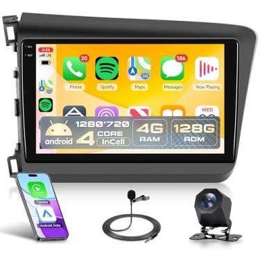 Imagem de Rádio de carro 4 núcleos 4G + 128 G para Honda Civic 2012-2015, Rimoody Android, estéreo, sem fio, Carplay, Andorid, espelho automático, 22 cm, tela sensível ao toque HD, GPS, WiFi, Bluetooth, 5.0 FM