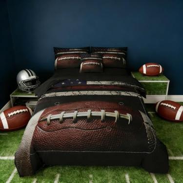 Imagem de Yadangxiawa Jogo de cama de futebol americano, 6 peças, solteiro, para adolescentes, com 1 colcha + 1 lençol de cima + 1 lençol com elástico + 2 fronhas + 1 capa de almofada (solteiro futebol)