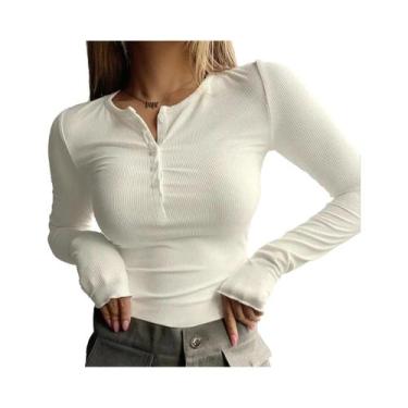 Imagem de Camiseta Casual Feminina De Manga Longa Com Textura Lisa E Botão Front