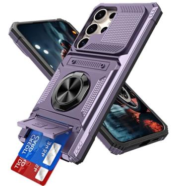 Imagem de LEMAXELERS Capa para Samsung Galaxy S25 Ultra com anel giratório magnético de 360° com suporte para cartão oculto com compartimento para cartão capa protetora de camada dupla resistente para Galaxy