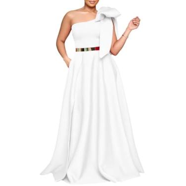 Imagem de HISETPFDE Vestido feminino moderno com laço de um ombro só, franzido, vestido de festa, casamento, convidada, plus size, vestido de coquetel, Branco, X-Large