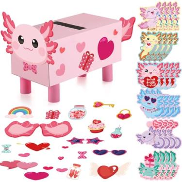Imagem de Funrous Axolotl Kit de Caixa de Valentim para Dia dos Namorados, Caixa de Cartão DIY com 24 Cartões de Saudações, 3 Adesivos para Presentes de Dia dos Namorados, Conjuntos de Lembranças de Atividades