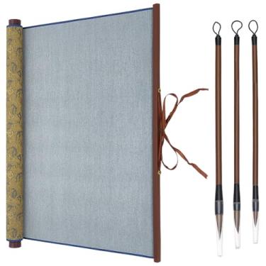 Imagem de WEBEEDY Conjunto de 4 peças de caligrafia chinesa inclui 1 rolo de pano de escrita de água, 3 pincéis de escrita chineses, pano de caligrafia reutilizável sem tinta para prática profissional, pintura
