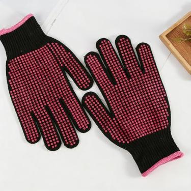 Imagem de Luvas resistentes ao calor com solavancos de silicone, luvas profissionais à prova de calor para penteados, chapinha, escovas de ar quente, pretas com pontos rosa vermelhos, 2 peças