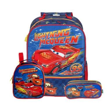 Imagem de Kit Mochila Costas Carros Escolar McQueen Lancheira Estojo Cor:Azul - 